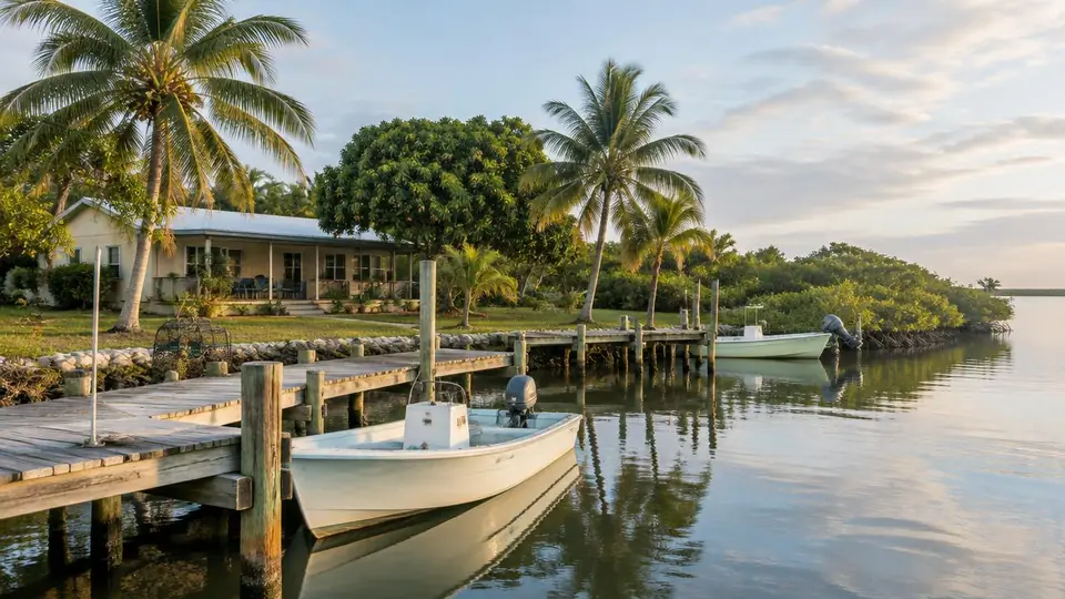 Wooden docks and small boats on a quiet lagoon beside a shaded Florida home framed by palms