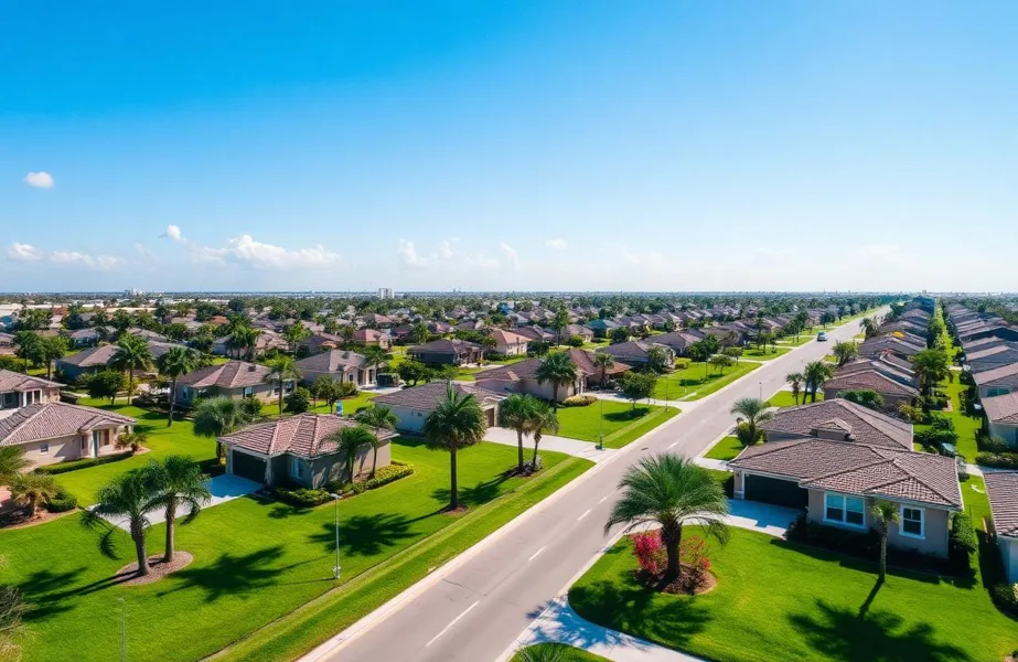 Aerial view of homes and green neighborhood streets in Indian River Estates