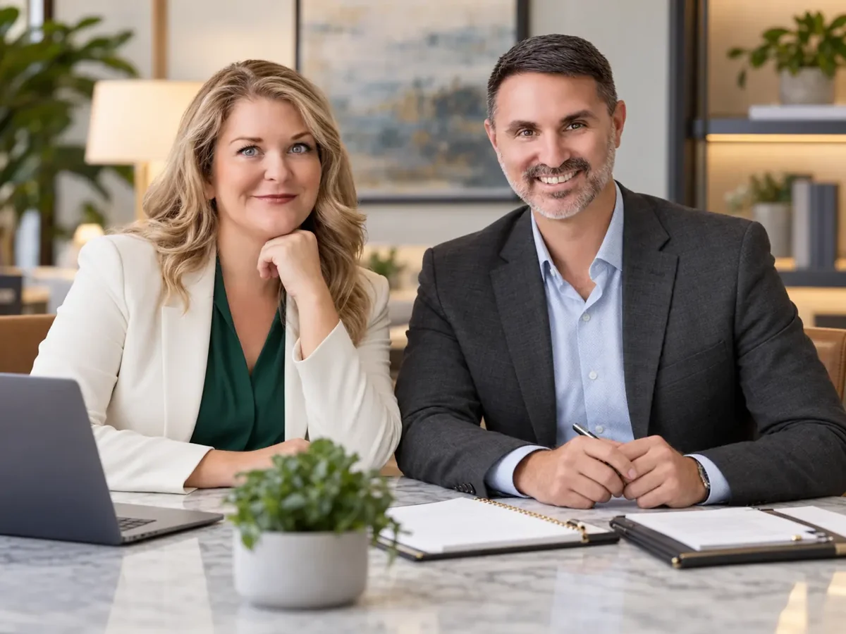 Kate Ward and Peter White seated at a table with a laptop and home-buying paperwork