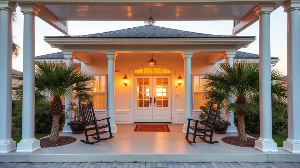 Front door of a coastal home framed by columns and palms