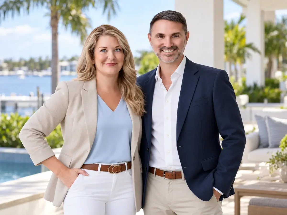 Kate Ward and Peter White on a bright waterfront patio with palms and water behind them