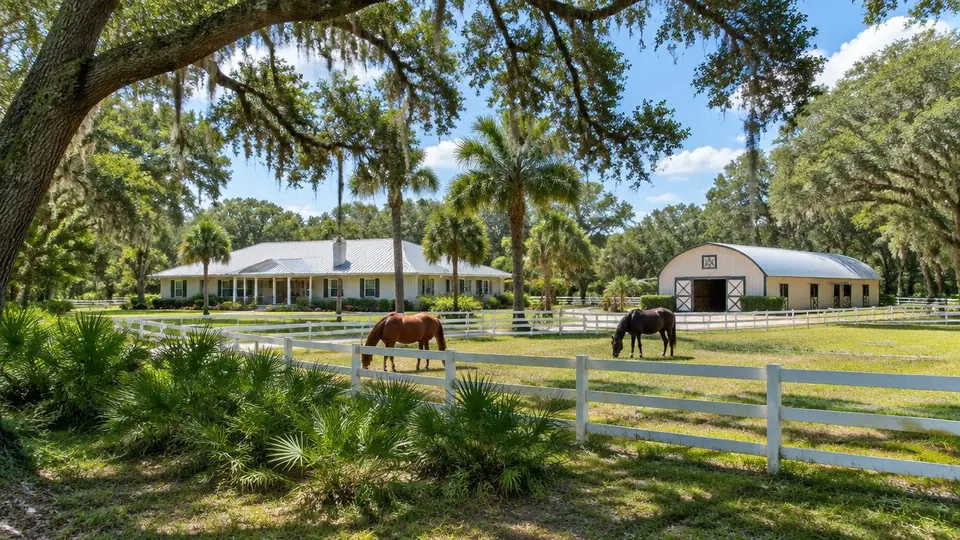 Florida home with a barn and white paddock fencing, two horses grazing under live oaks