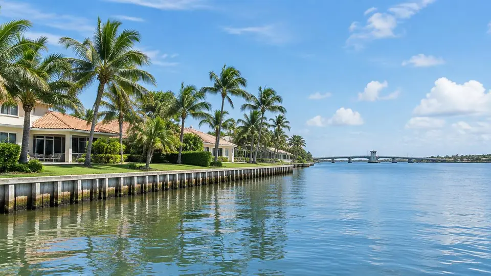 Calm tidal river lined with palms and a seawall, tile-roof homes and a drawbridge in the distance