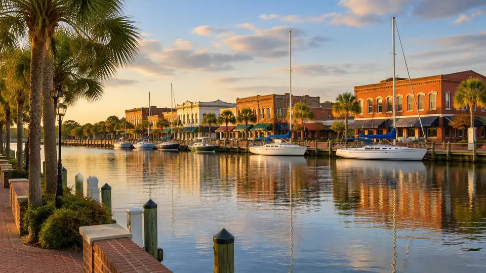 Sailboats moored on a calm river in front of low-rise brick storefronts and palms at golden hour