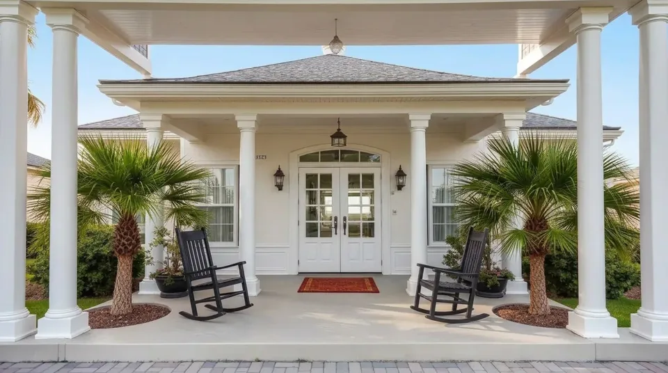 Covered front porch with rocking chairs and a welcoming entry