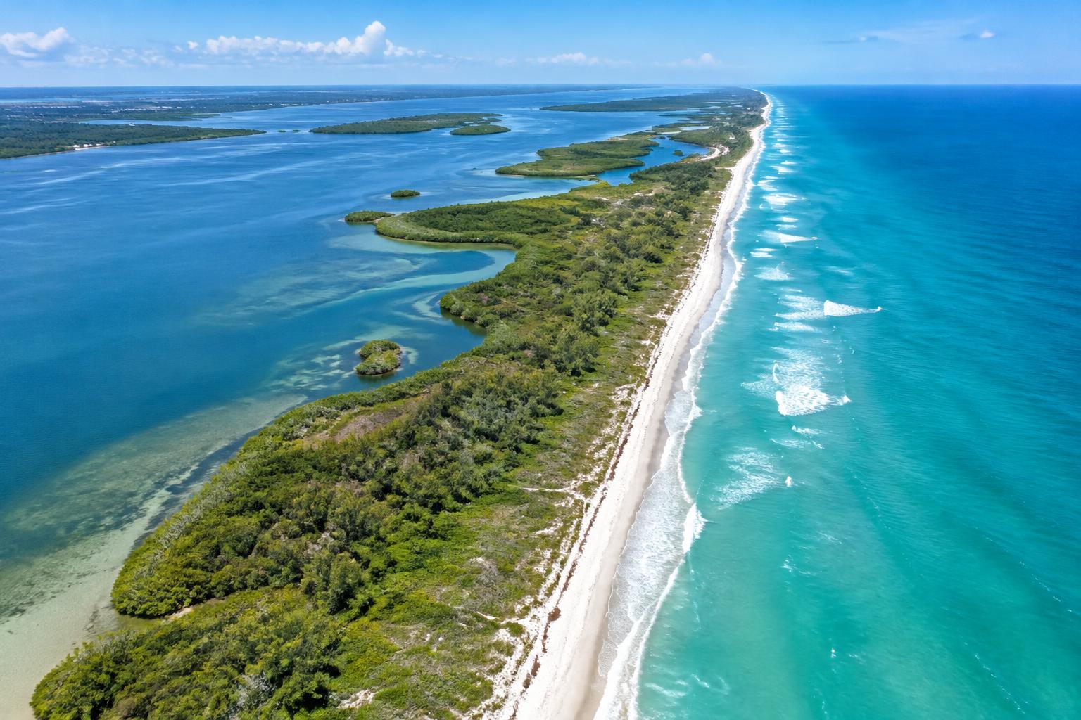 Aerial view of a barrier island between the Indian River Lagoon and the Atlantic Ocean