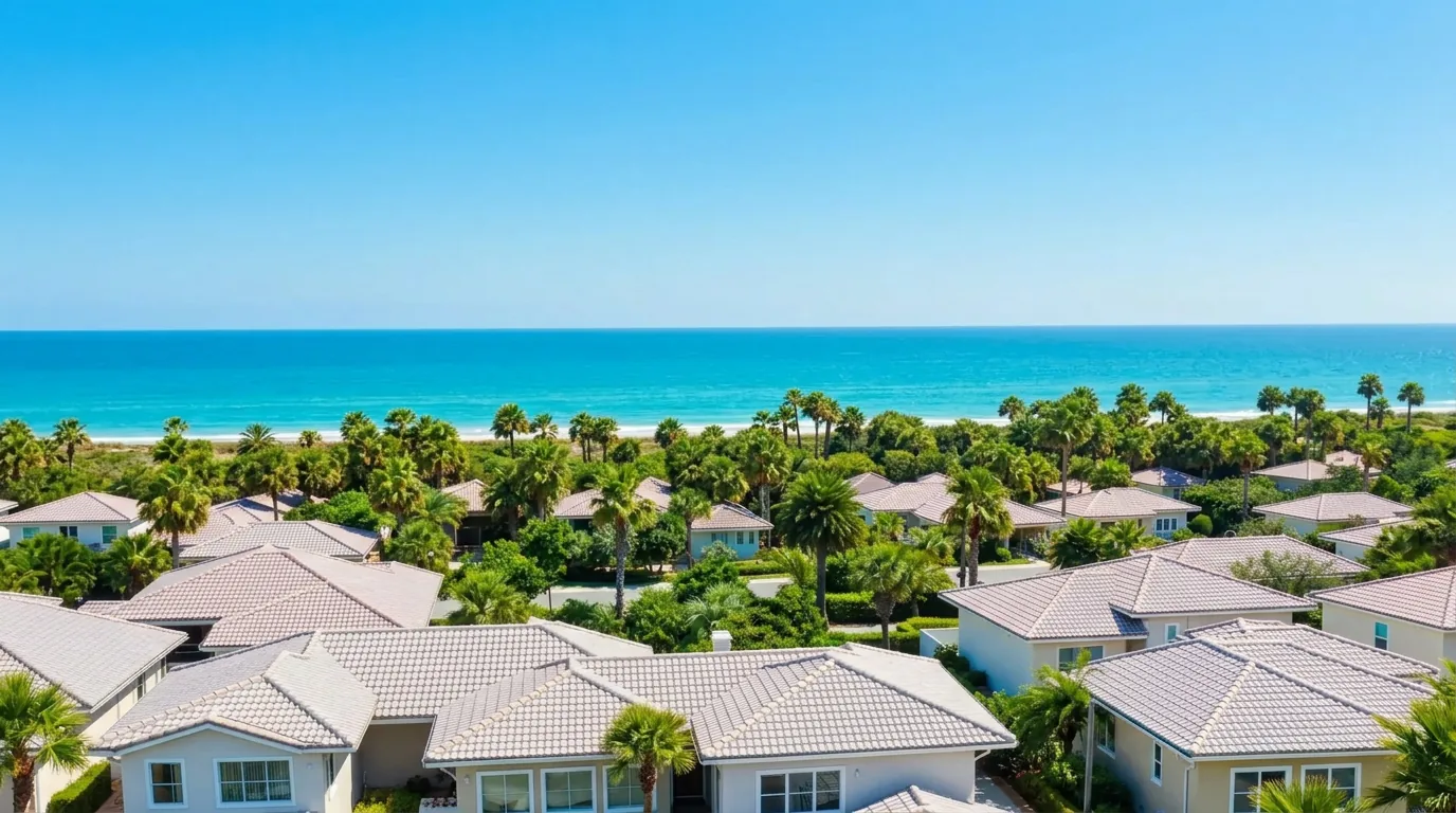 Sunlit light-colored coastal homes and palms beside the turquoise Atlantic Ocean