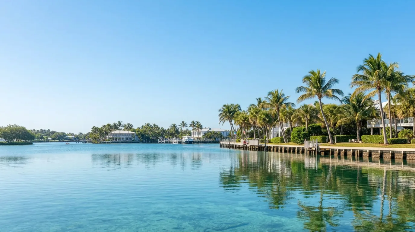 Clear blue water and a palm-lined Treasure Coast waterfront under sunny skies