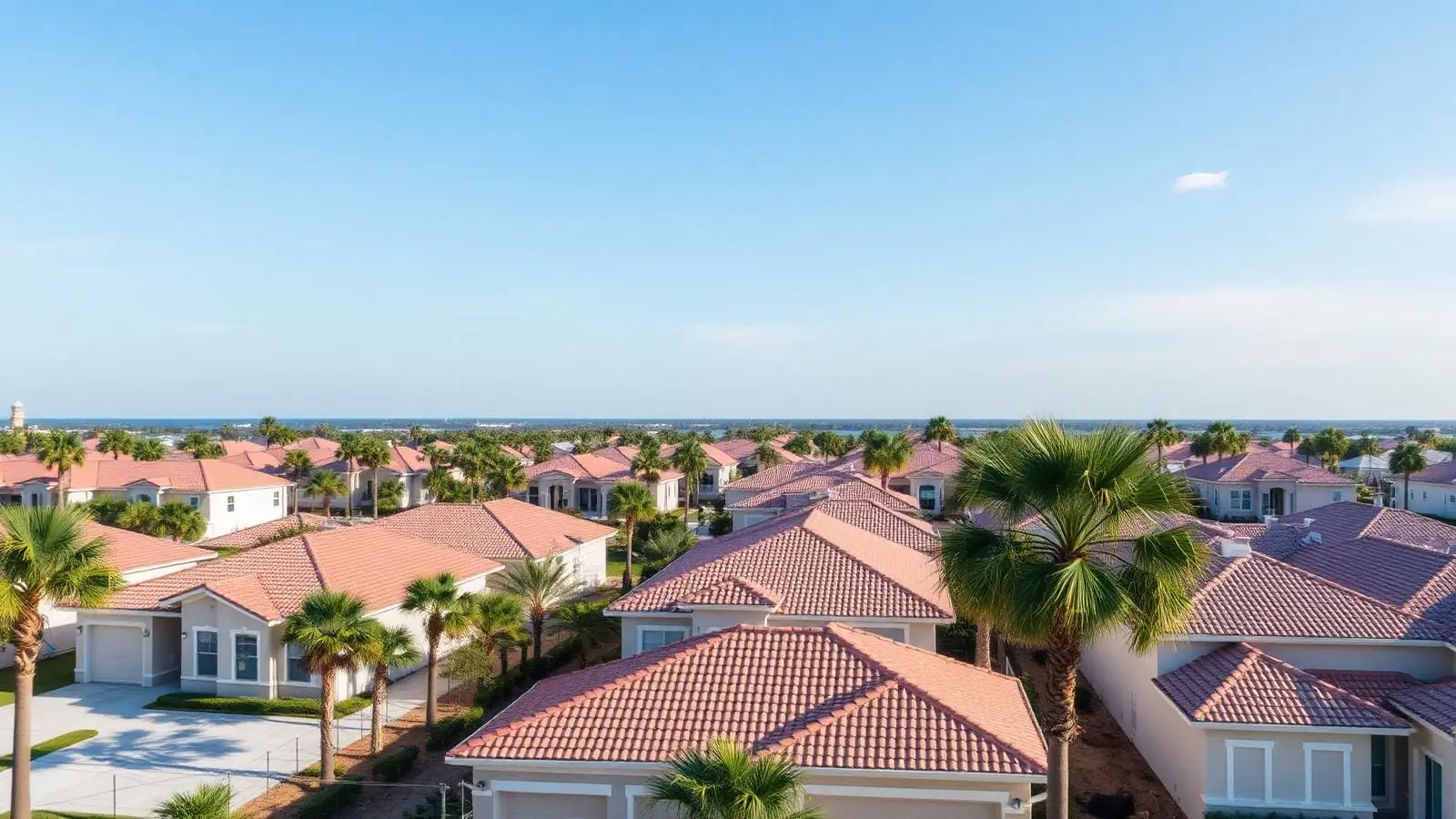 Treasure Coast neighborhood of tile-roof homes and palm trees under a blue sky