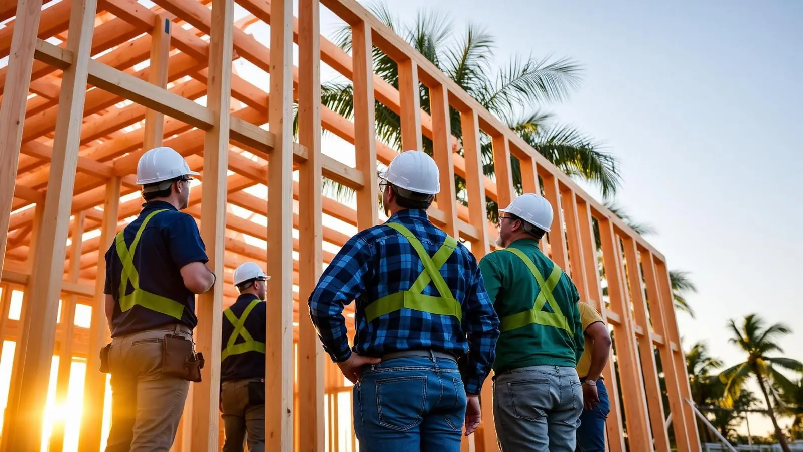 Builders in hard hats reviewing the framing of a new Florida home