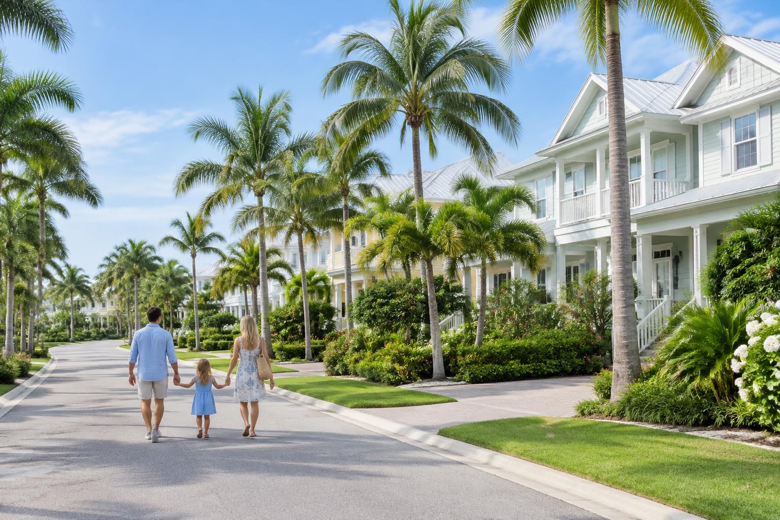 Illustrative family walking along a sunny palm-lined Florida residential street