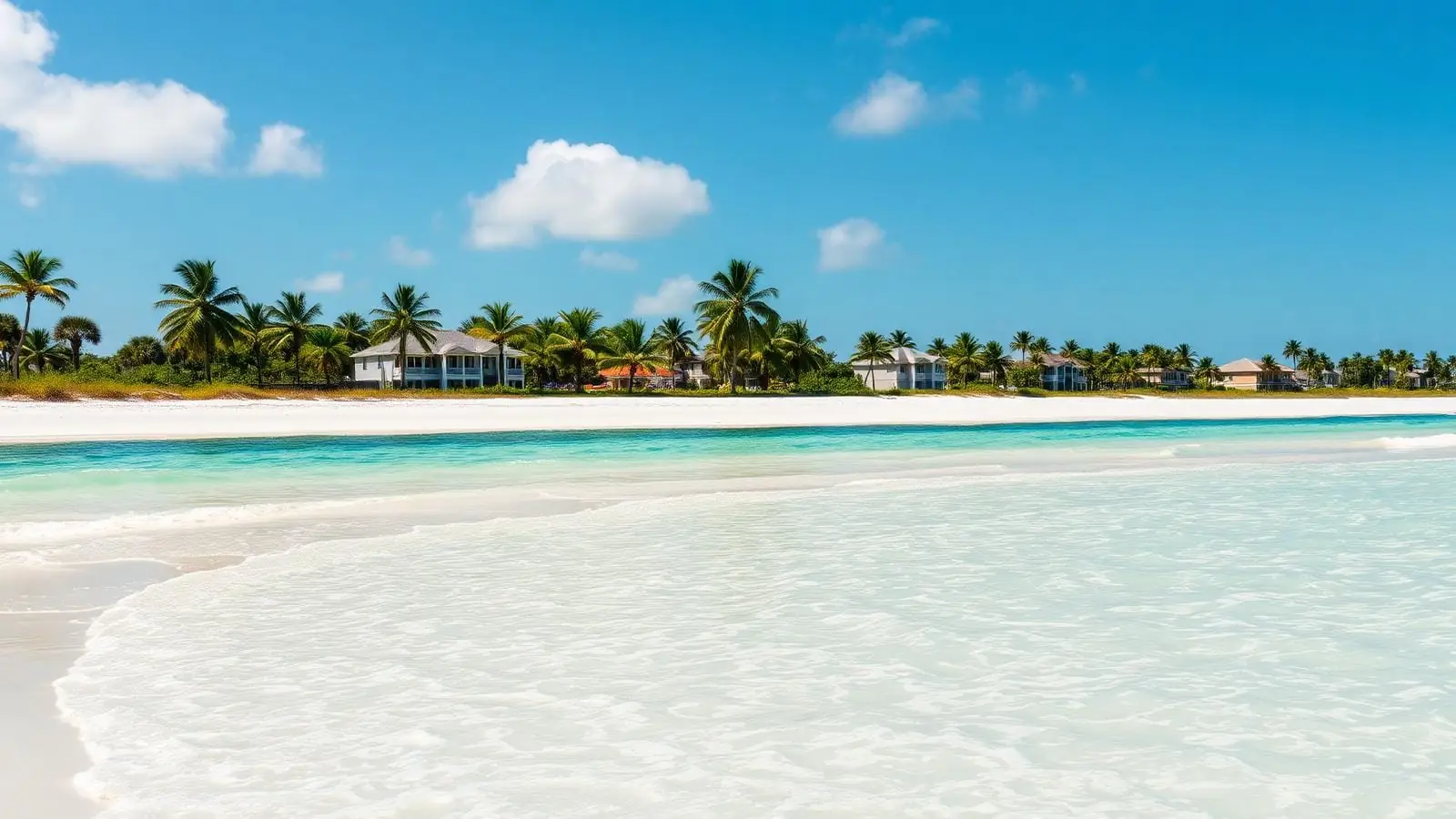 Bright Treasure Coast shoreline with palms and blue sky
